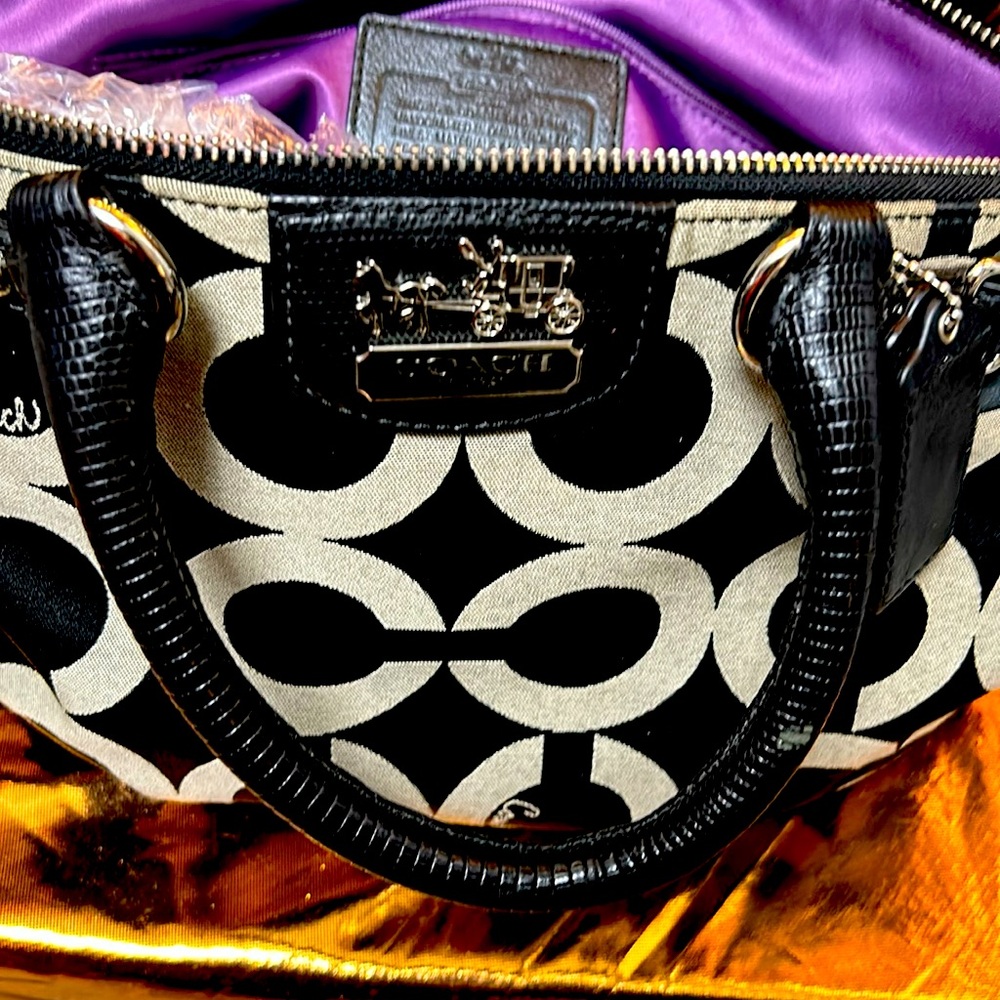 Coach purple lined bag with tags and shoulder strap black and taupe